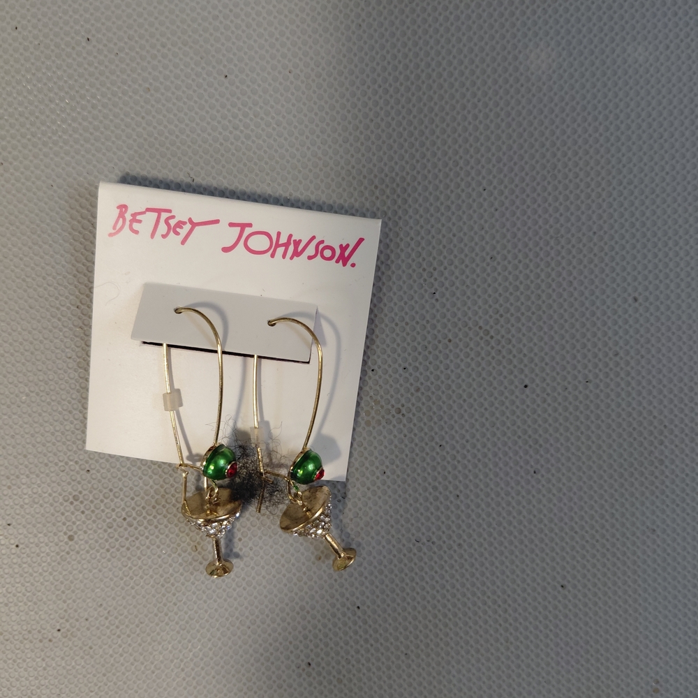Betsey Johnson Gold Martini Glass Dangle Earrings with Green Accent